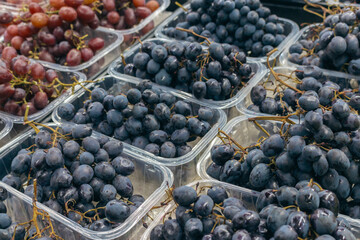 Variety of grapes on market stall. Different sorts of grapes in basket. Heap of black, pink and white grapes. Autumn harvest. Healthy eating. Vitamins and antioxidant.