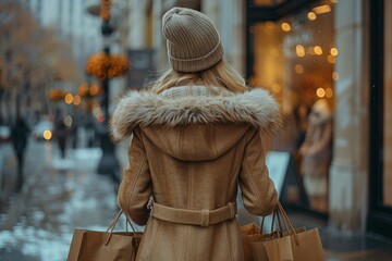 Back view of a stylish woman holding multiple shopping bags on a winter day in an urban setting