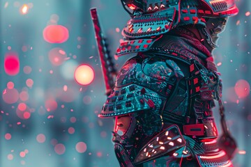 Infuse the digital realm with traditional flair as you depict a cybernetic samurai from the rear