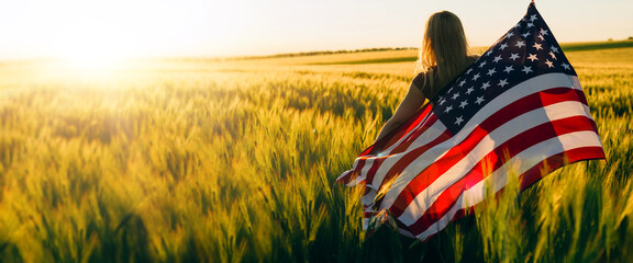 America celebrate 4th of July. Independence Day. Young woman holding bengal fire with American flag at sunset.	
