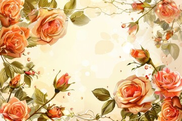 Delicate vintage pink roses with green leaves. With space for text.