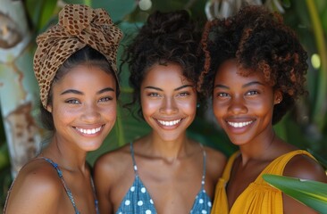 Fototapeta premium A delightful snapshot of three vibrant friends sharing a laugh in tropical attire, embodying warmth and companionship