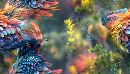 Step into a surreal virtual world! Show a side view of a fantastical creature with rainbow-hued feathers floating in a digital landscape