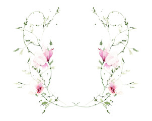 Watercolor floral symmetric garland frame on white background. Pink, orange wild flowers, branches, leaves and twigs.