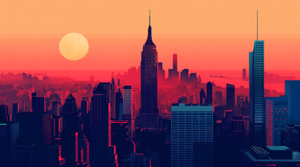 Fototapeta premium city skyline at sunset, illustration