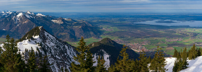 Bavarian panoramic landscape view along the Hochgern Chiemgau mountains