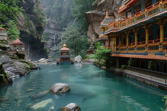 Manikaran, Parvati valley, Himachal Pradesh, North India. View of the Manikaran. Manikaran with thermal springs is a pilgrimage centre for Hindus