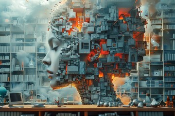 Digital creation of a female face merging into an abstract cityscape, representing the fusion of humanity and technology