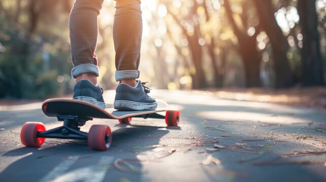 Person on skateboard in sunlit park