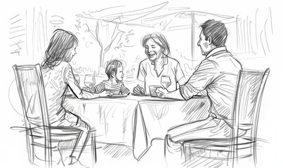 Disegno, storyboard di una famiglia che passa del tempo insieme.