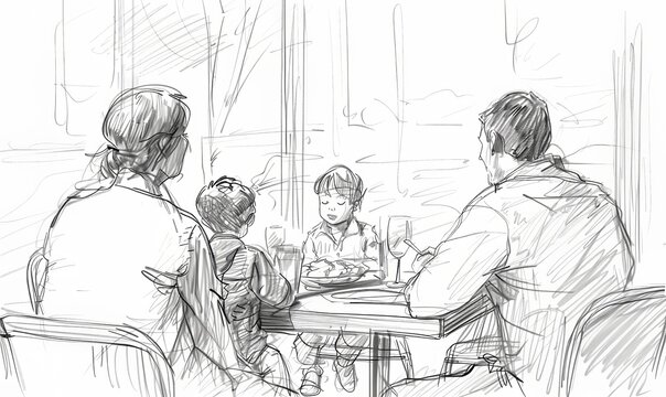 Disegno, storyboard di una famiglia che passa del tempo insieme.
