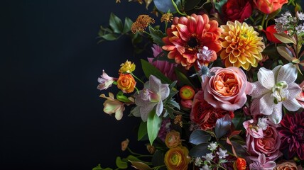 Colorful bouquet of various flowers against dark background