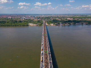 Aerial view of the Pancevo bridge. Belgrade, Serbia 03.05.2024