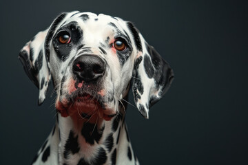 Studio portrait of dalmatian dog, solid grey background. Created with Ai