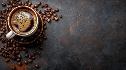 Top view of full cup coffee surrounded by scattered beans on dark textured surface