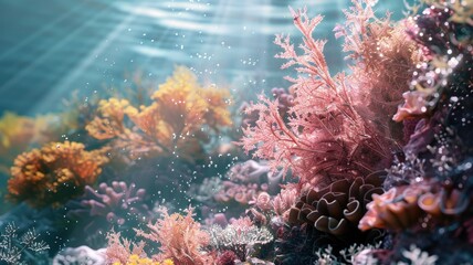 Vibrant underwater coral reef scene with sunbeams illuminating diverse marine life
