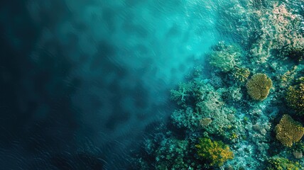 Aerial view of vibrant coral reef under clear blue water