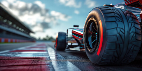 back rear wheel of racing car at start of race