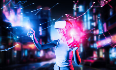 Female stand in cyberpunk style building in meta wear VR headset connect metaverse, future...