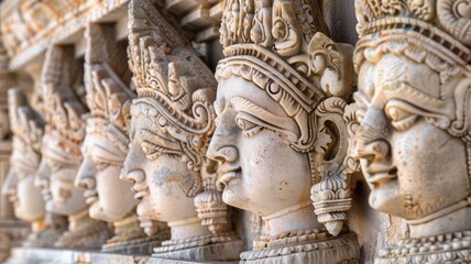 Fototapeta premium Stone carvings of mythological figures on temple wall