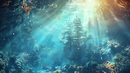 Fototapeta premium Underwater scene of sunken ship surrounded by coral reefs with beams sunlight filtering through water