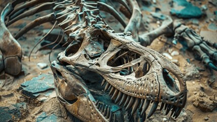 Close-up of dinosaur fossil within sedimentary rocks