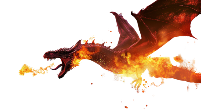 Fire breathing dragon isolated on white background.