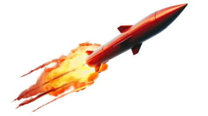 Missile rocket with fire trail isolated on white background.