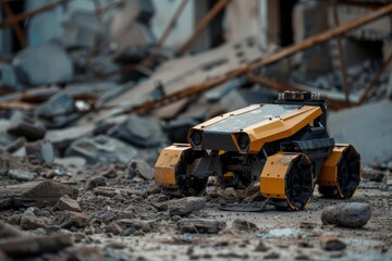 Fototapeta premium Search and rescue UGV equipped with microchip eyes, optimizing search efficiency in debris and rubble, have copy space for text
