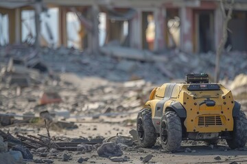Search and rescue UGV equipped with microchip eyes, optimizing search efficiency in debris and rubble, have copy space for text