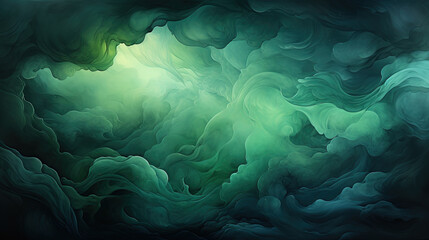 Contemporary Art Of Flowing Dark Green Color Ink Painting Black Background