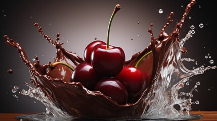 A chocolate splash with cherries in it