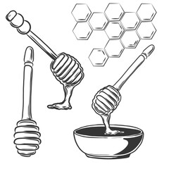 Hand drawn honeycomb, honey wooden spoon, and cup with honey vintage set. Engraving organic food, beekeeping concept. Monochrome Black and white sketch isolated on background.