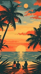 A group of friends sitting on the beach, watching the sunset with tropical plants and palm trees, warm colors