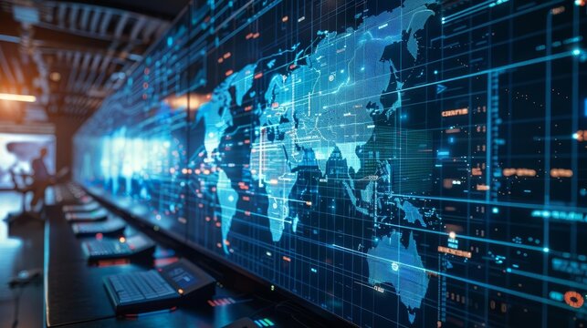 Digital map in a cybersecurity briefing room visualizing perimeter barrier defenses across global networks, have copy space for text