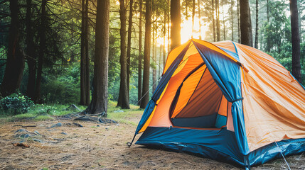 Orange camping tent pitched in a serene forest at sunrise, ideal for outdoor adventures