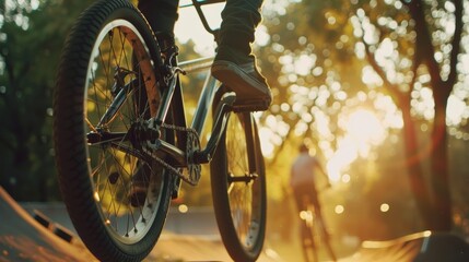 A person effortlessly balancing on their bike as they navigate through a series of challenging obstacles in an urban bike park.