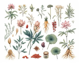 Watercolor illustration showcasing various plants and herbs used in Chinese medicine.