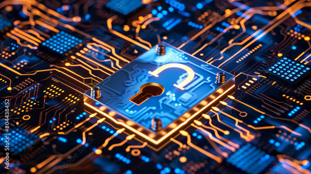 Poster advanced cybersecurity concept with a glowing lock icon on a circuit board, symbolizing data protect
