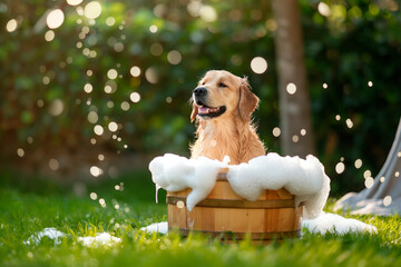 Golden retriver dog is bathing in the garden of the house. The animal is inside a rustic wooden tub where the foam from the pet shampoo overflows. 