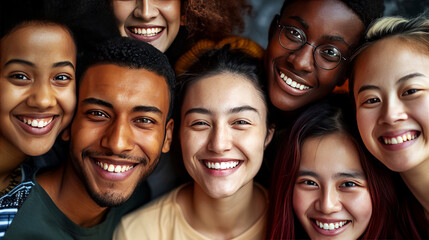 Group portrait of diverse smiling young adults, close-up of joyful expressions