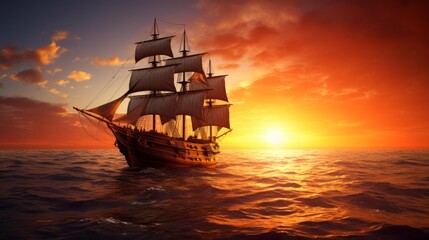 A ship in the ocean with the sun setting behind it