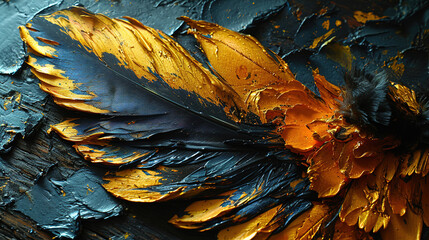 Fototapeta premium A Colorful Painting That Has Gold and Blue Feathers on Defocused Background