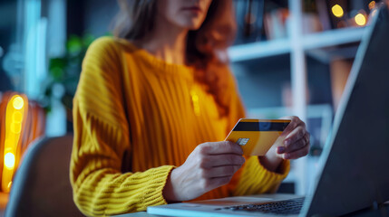 Young woman using a credit card for online shopping, warm indoor lighting