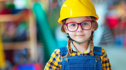 Cheerful young boy in blue shirt and yellow safety helmet, arms crossed at construction site