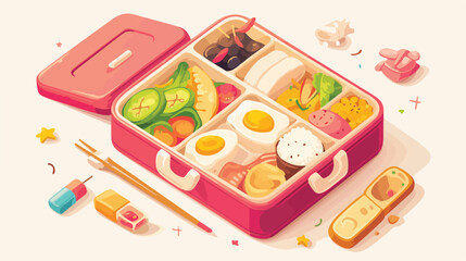 School lunch box with tasty food and stationery on