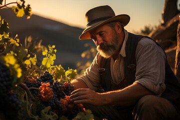 Vintner in straw hat examining the grapes during the vintage
