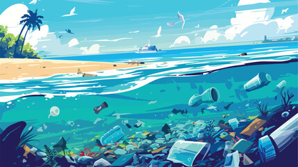 Sea garbage in polluted water. Dirty ocean beach wi