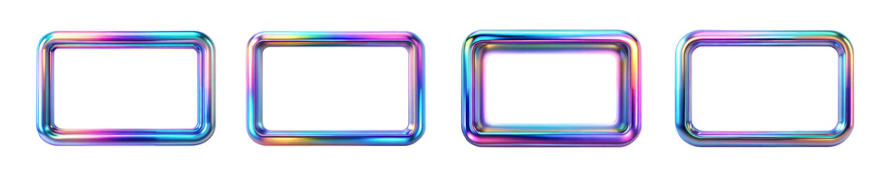 Set of abstract 3D rectangular frames with iridescent rainbow colors. Glossy and reflective metallic borders