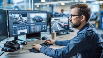 employee using a computer software for monitoring motor vehicles in real time on an office computer screen